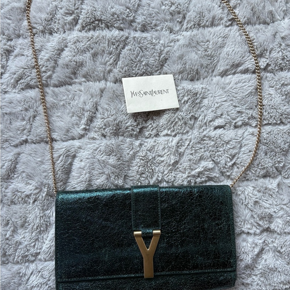 Yves Saint Laurent Y-Linge Clutch, Shimmer Green, Satin Interior - Picture 3 of 16